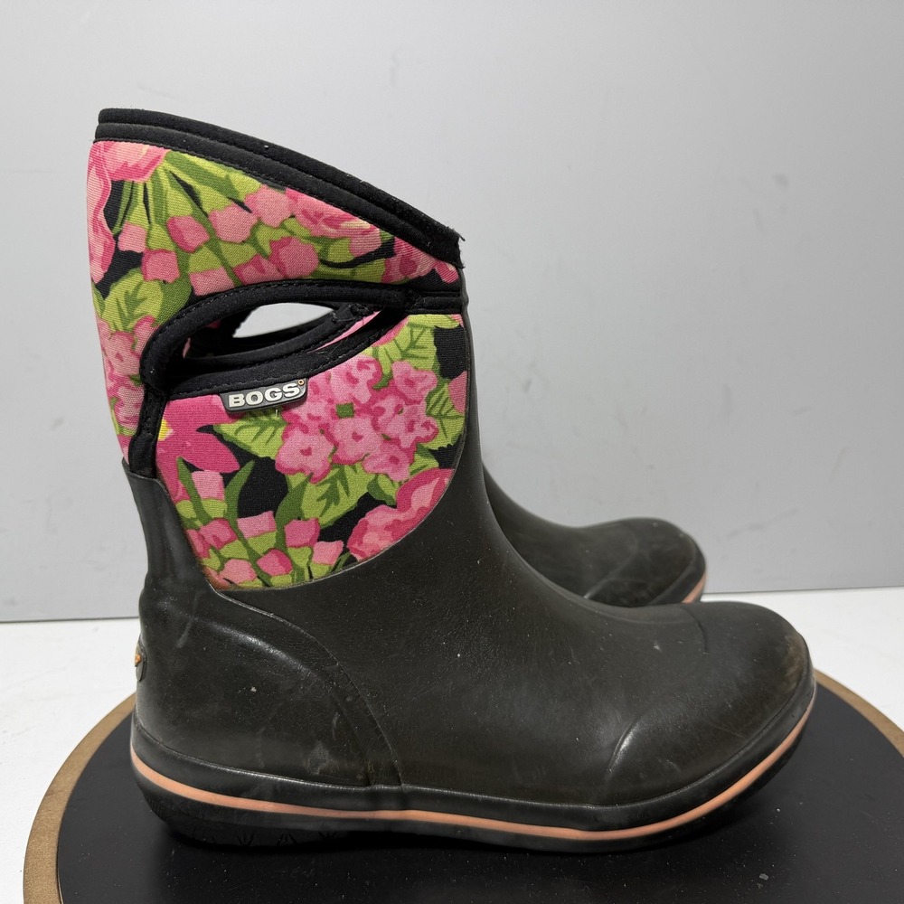 Bogs Rosie Mid Plims Boots Womens Size 10 Black Floral Waterproof Rain Garden